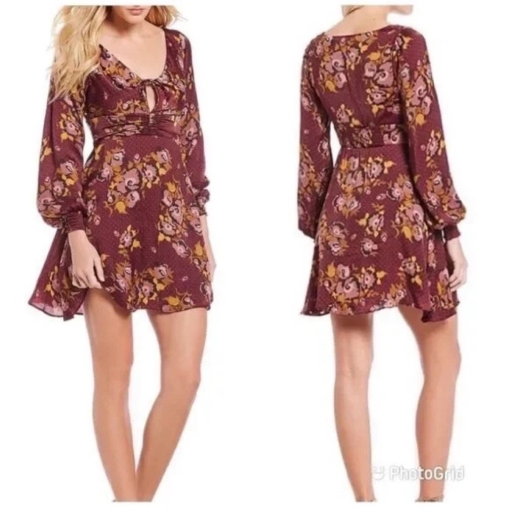 Free People Morning Light Retro Floral Mini Dress in Purple Combo. Size 12.